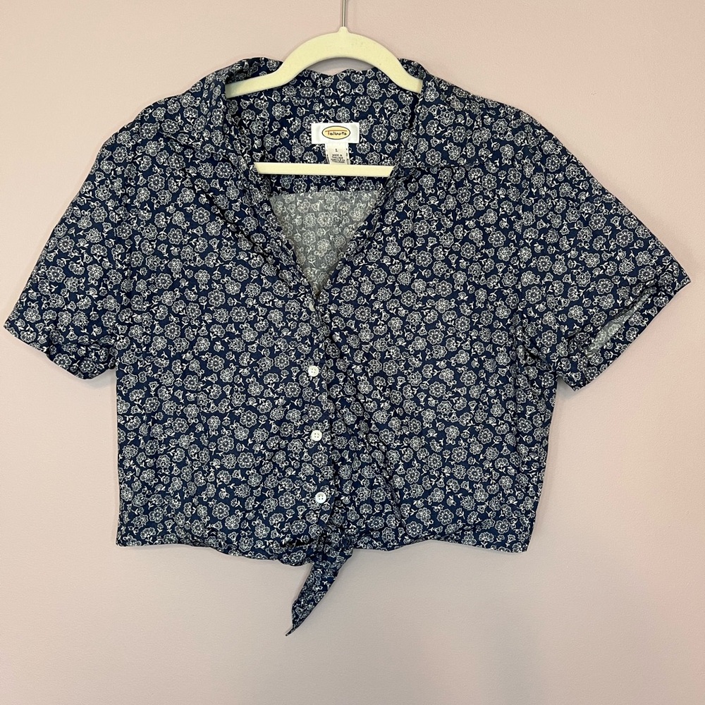Talbots Cropped Button Up Tie Front Navy Floral Large